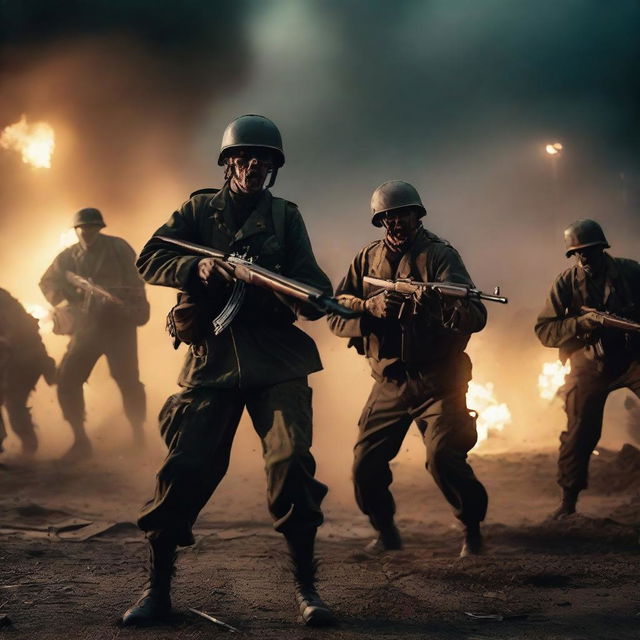 A squad of World War II soldiers fighting off a horde of zombies in a dark, war-torn battlefield