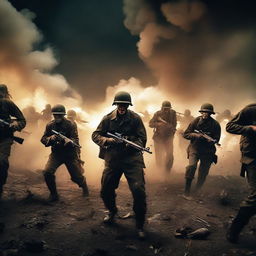 A squad of World War II soldiers fighting off a horde of zombies in a dark, war-torn battlefield