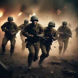 A squad of World War II soldiers fighting off a horde of zombies in a dark, war-torn battlefield