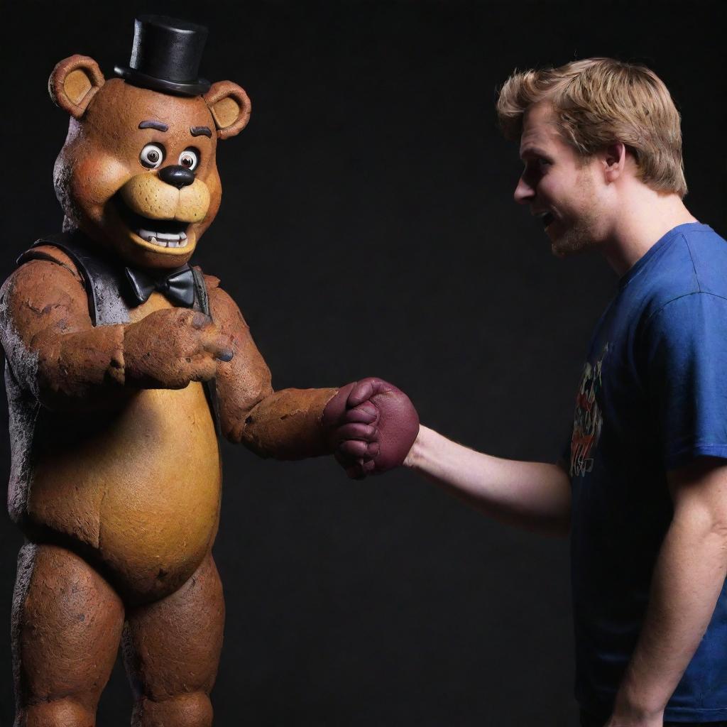 A surreal encounter between Freddy Fazbear from Five Nights at Freddy's and YouTube sensation Mr. Beast. The two are shaking hands in a friendly manner, reflecting their unique vibes.