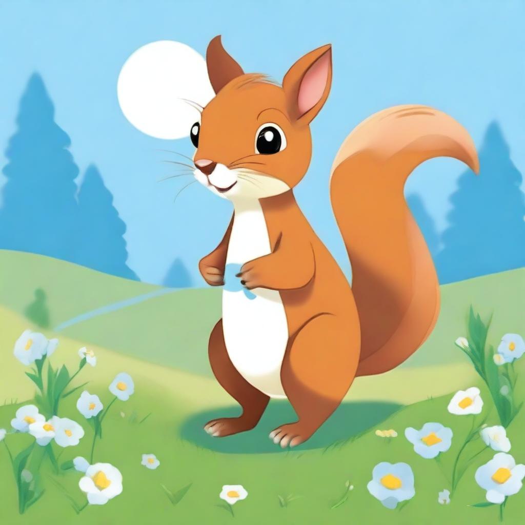 A whimsical square-shaped squirrel, known as a 'Squarele', is standing on a grassy field