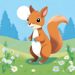 A whimsical square-shaped squirrel, known as a 'Squarele', is standing on a grassy field