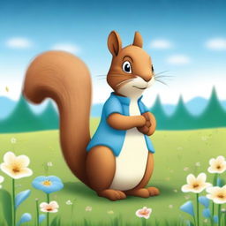 A whimsical square-shaped squirrel, known as a 'Squarele', is standing on a grassy field