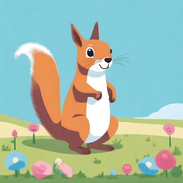 A whimsical square-shaped squirrel, known as a 'Squarele', is standing on a grassy field