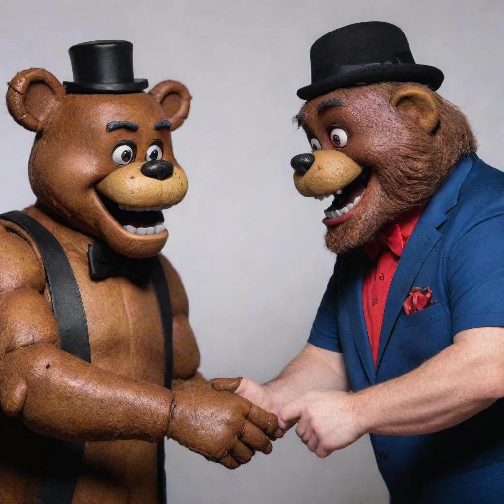 A surreal encounter between Freddy Fazbear from Five Nights at Freddy's and YouTube sensation Mr. Beast. The two are shaking hands in a friendly manner, reflecting their unique vibes.