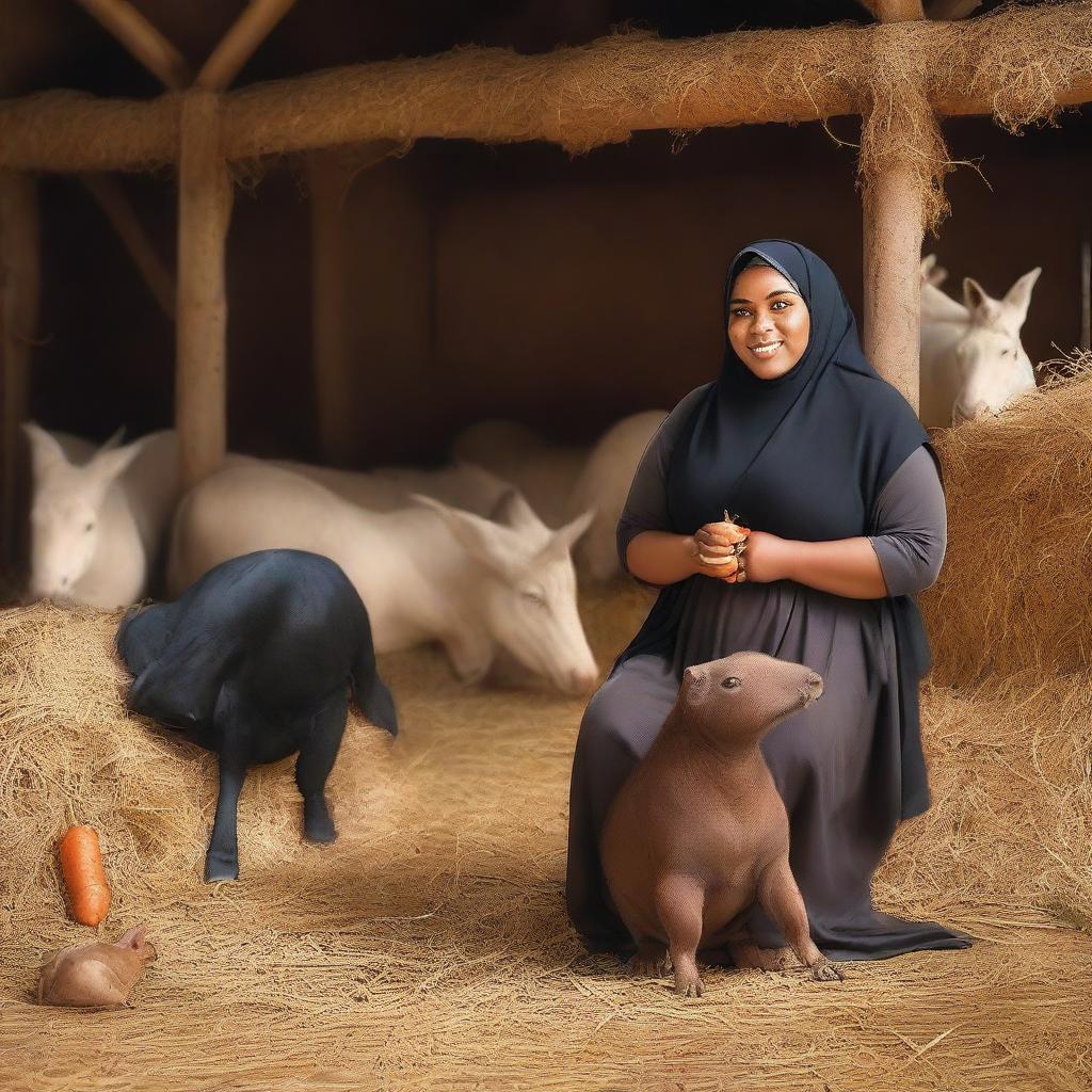 A professional and realistic design featuring a dark-skinned, fat woman wearing a hijab