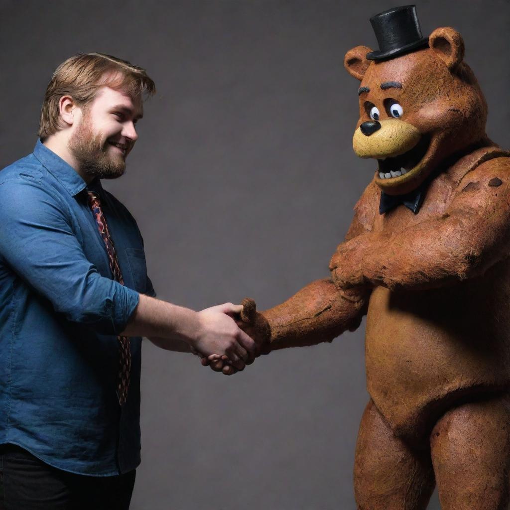 A surreal encounter between Freddy Fazbear from Five Nights at Freddy's and YouTube sensation Mr. Beast. The two are shaking hands in a friendly manner, reflecting their unique vibes.