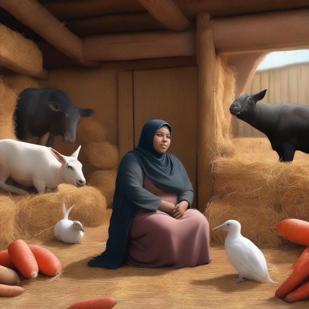 A professional and realistic design featuring a dark-skinned, fat woman wearing a hijab