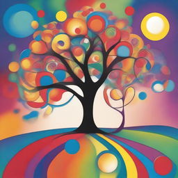 An abstract representation of the meaning of life, featuring vibrant colors and symbolic elements such as a tree of life, a path leading to a distant horizon, and interconnected circles representing unity and purpose