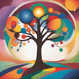 An abstract representation of the meaning of life, featuring vibrant colors and symbolic elements such as a tree of life, a path leading to a distant horizon, and interconnected circles representing unity and purpose