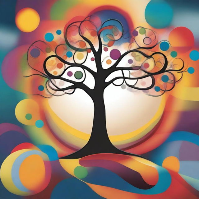 An abstract representation of the meaning of life, featuring vibrant colors and symbolic elements such as a tree of life, a path leading to a distant horizon, and interconnected circles representing unity and purpose