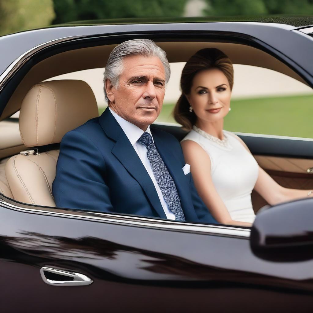 A fifty-year-old businessman and his wife are riding in a luxury car, looking at the camera with an air of arrogance