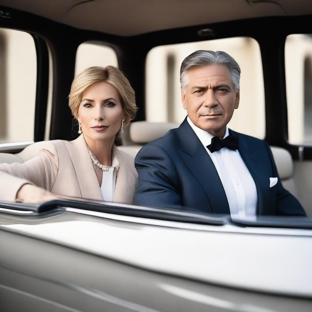 A fifty-year-old businessman and his wife are riding in a luxury car, looking at the camera with an air of arrogance