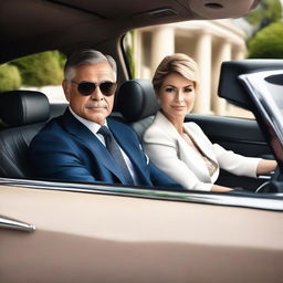 A fifty-year-old businessman and his wife are riding in a luxury car, looking at the camera with an air of arrogance