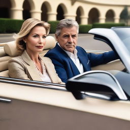 A fifty-year-old businessman and his wife are riding in a luxury car, looking at the camera with an air of arrogance