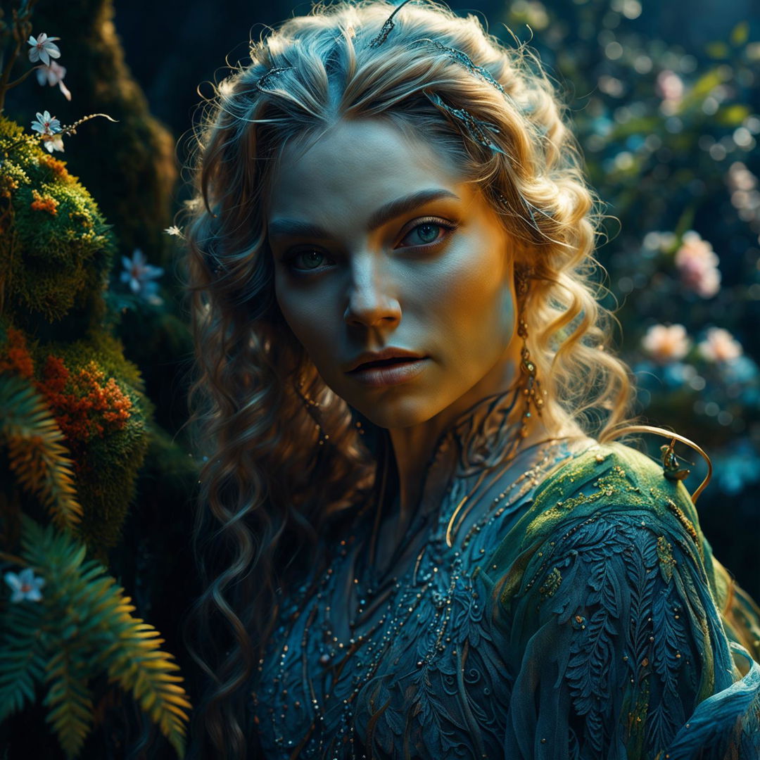 Hyper-realistic 3D rococo photograph of a different Russian elf woman in a mystical forest, with an intense close-up of her intricately detailed face. The image is high definition, with immaculate composition and lighting, exuding fantasy and spirit vibes.