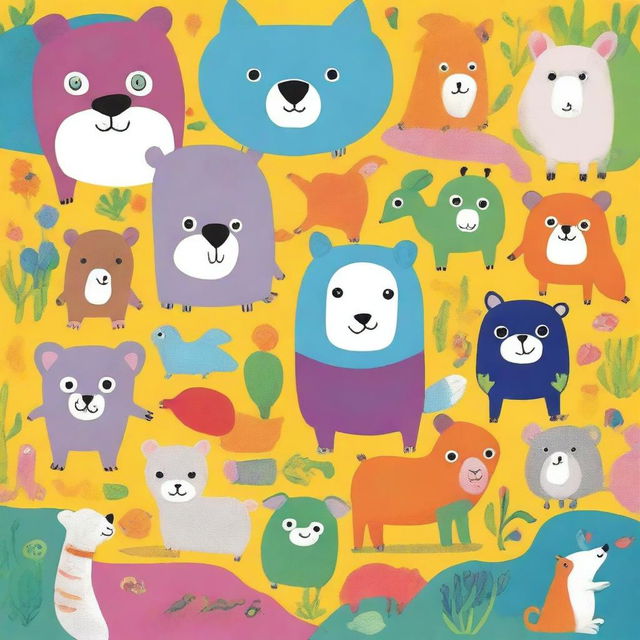 A colorful and lively book cover for a children's book featuring various animals