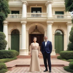 A fifty-year-old businessman and his wife standing proudly in front of a luxurious villa, flanked by huge guards