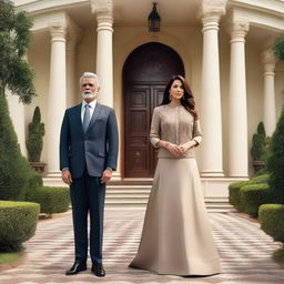 A fifty-year-old businessman and his wife standing proudly in front of a luxurious villa, flanked by huge guards