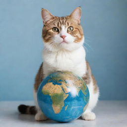 A lovable cat with expressive eyes, sitting in a leisurely position, playing with a highly detailed, miniature earth globe