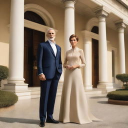 A fifty-year-old businessman and his wife standing proudly in front of a luxurious villa, flanked by huge guards