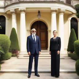 A fifty-year-old businessman and his wife standing proudly in front of a luxurious villa, flanked by huge guards