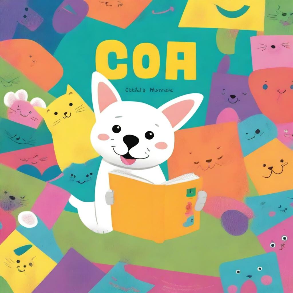 A vibrant and colorful book cover for a children's book featuring a playful dog and cat