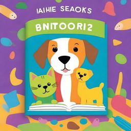 A vibrant and colorful book cover for a children's book featuring a playful dog and cat