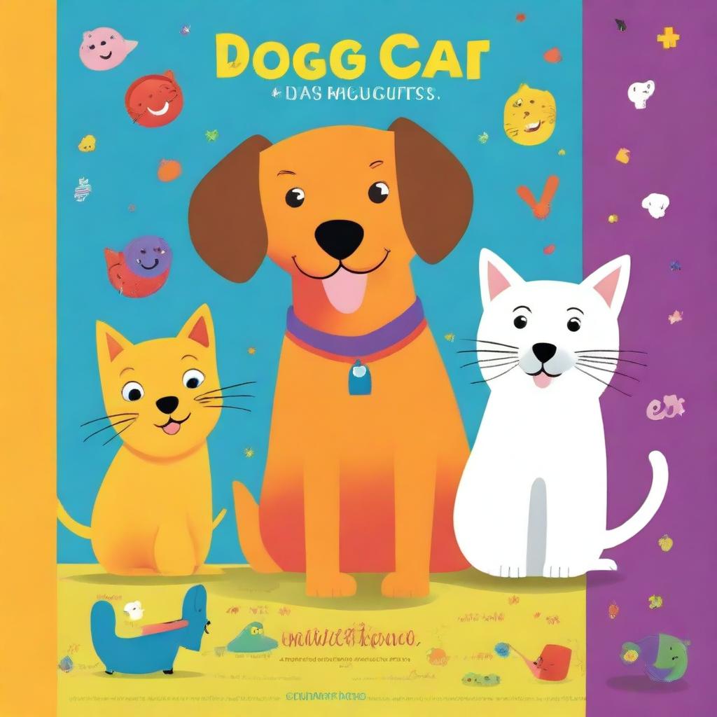 A vibrant and colorful book cover for a children's book featuring a playful dog and cat