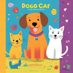 A vibrant and colorful book cover for a children's book featuring a playful dog and cat