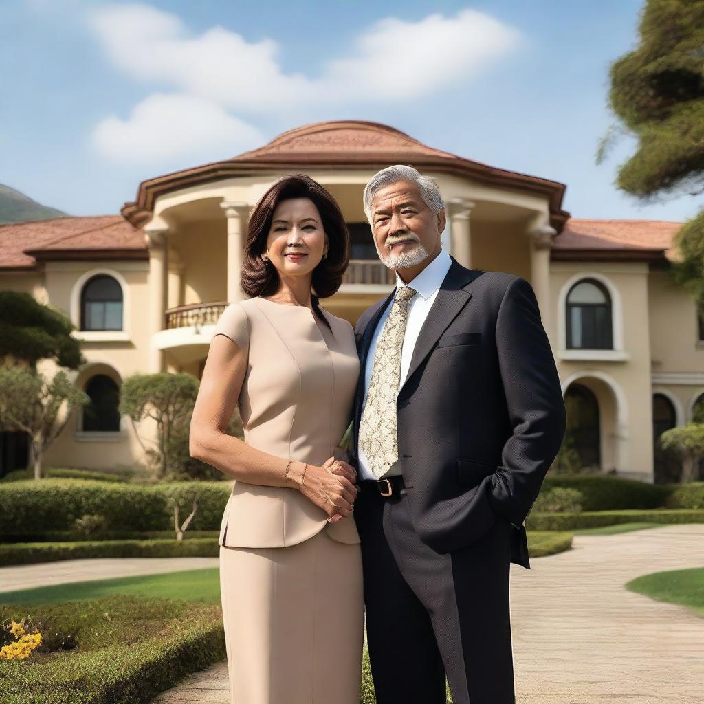 A fifty-year-old businessman and his wife standing proudly in front of a luxurious villa