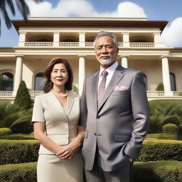 A fifty-year-old businessman and his wife standing proudly in front of a luxurious villa