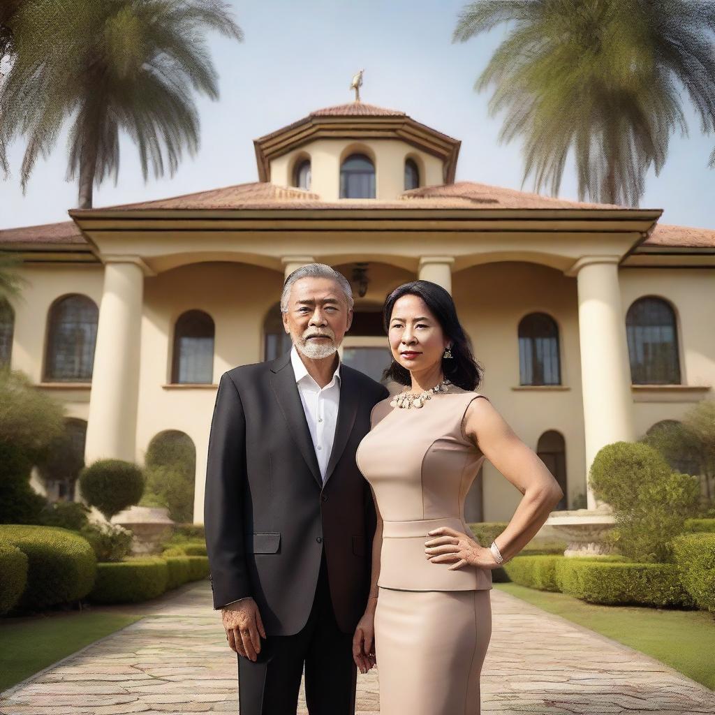 A fifty-year-old businessman and his wife standing proudly in front of a luxurious villa