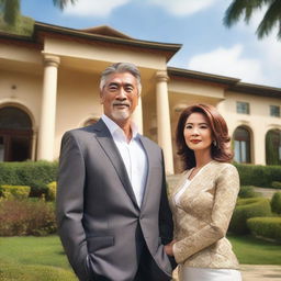 A fifty-year-old businessman and his wife standing proudly in front of a luxurious villa