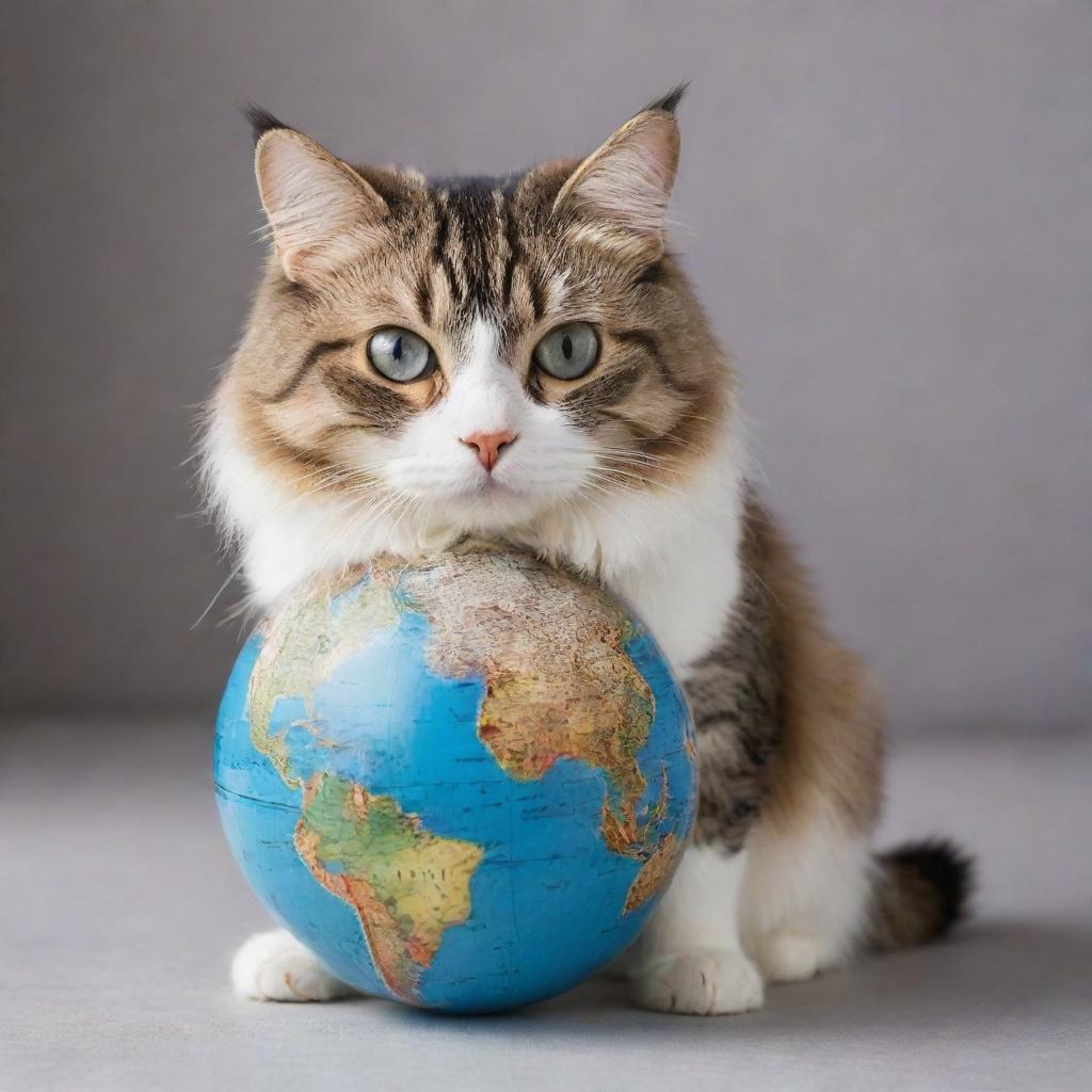 A lovable cat with expressive eyes, sitting in a leisurely position, playing with a highly detailed, miniature earth globe