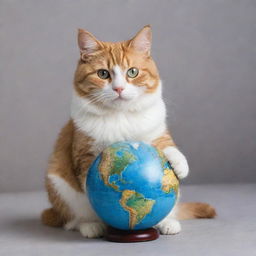 A lovable cat with expressive eyes, sitting in a leisurely position, playing with a highly detailed, miniature earth globe