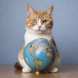 A lovable cat with expressive eyes, sitting in a leisurely position, playing with a highly detailed, miniature earth globe