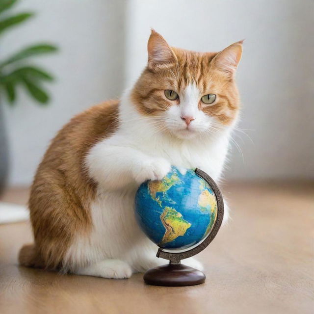 A charming cat delightfully playing with a miniature earth globe while sitting