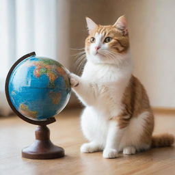 A charming cat delightfully playing with a miniature earth globe while sitting