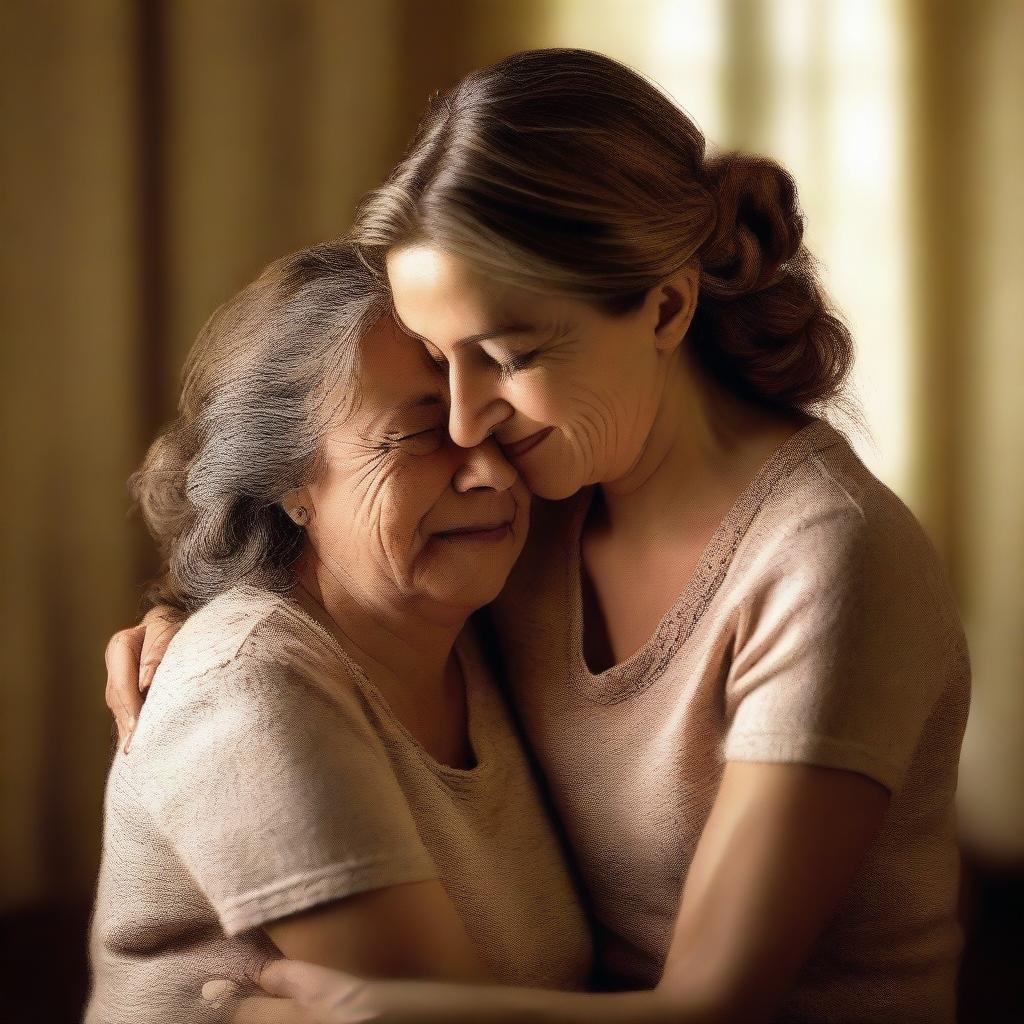 A touching scene of a forty-year-old mother embracing her twenty-five-year-old daughter with love and affection