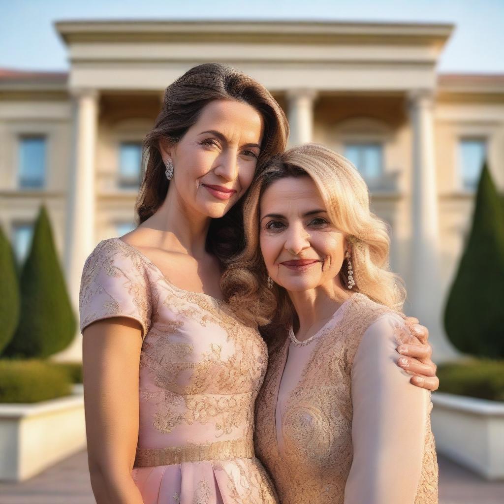 A forty-year-old mother embraces her twenty-five-year-old daughter with love as they stand in front of a luxurious villa