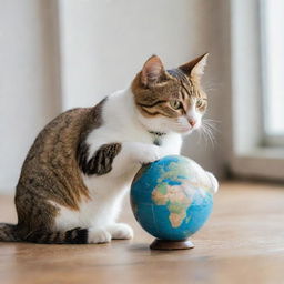 A charming cat delightfully playing with a miniature earth globe while sitting