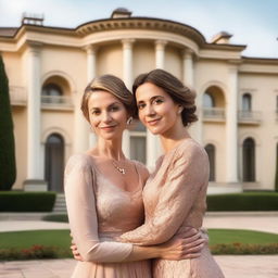 A forty-year-old mother embraces her twenty-five-year-old daughter with love as they stand in front of a luxurious villa