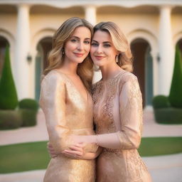 A forty-year-old mother embraces her twenty-five-year-old daughter with love as they stand in front of a luxurious villa