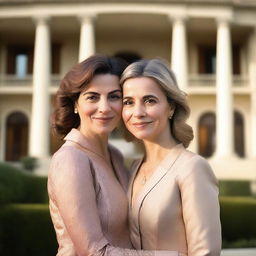 A forty-year-old mother embraces her twenty-five-year-old daughter with love as they stand in front of a luxurious villa