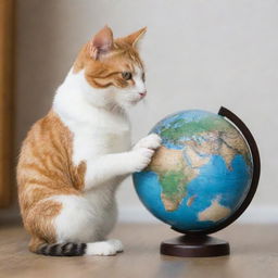 A charming cat delightfully playing with a miniature earth globe while sitting