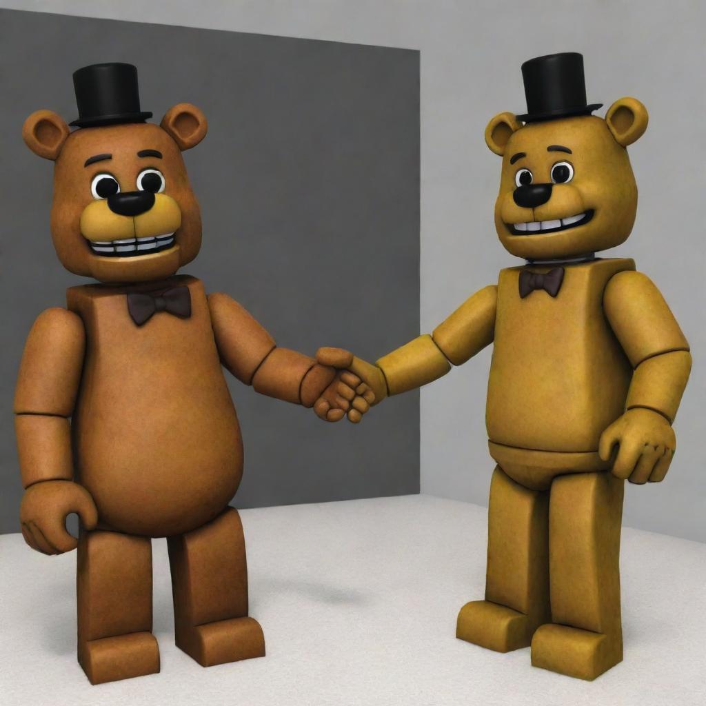 A unique meeting between Freddy Fazbear from Five Nights at Freddy's and iconic Roblox character Smile12, showcasing a friendly handshake or high-five as a sign of their unusual encounter.