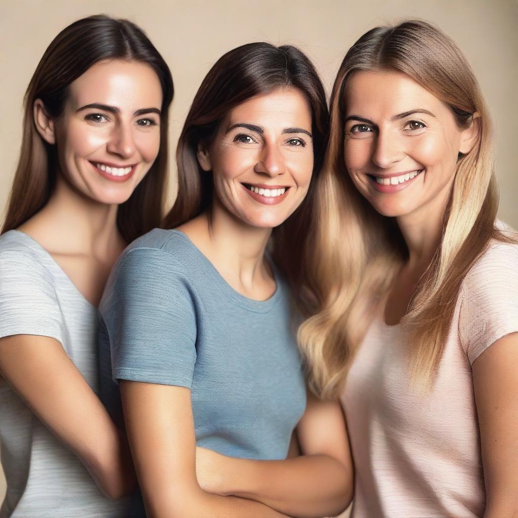 Three women who are sisters, dressed in casual clothes, are looking directly at the camera