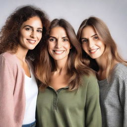 Three women who are sisters, dressed in casual clothes, are looking directly at the camera