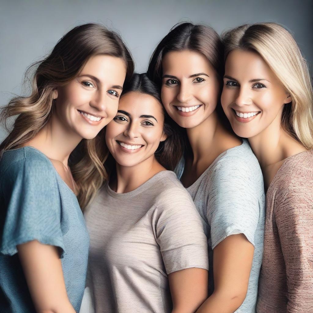 Three women who are sisters, dressed in casual clothes, are looking directly at the camera